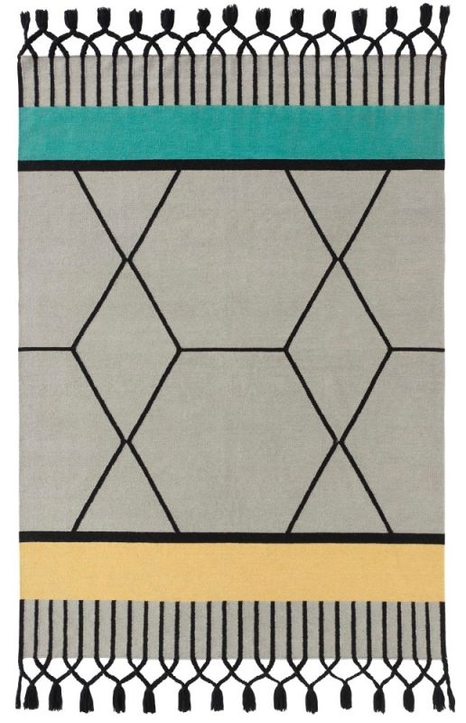 Kilim Teppich mit geometrischem Muster, Fransen und Farbstreifen in Türkis und Gelb.